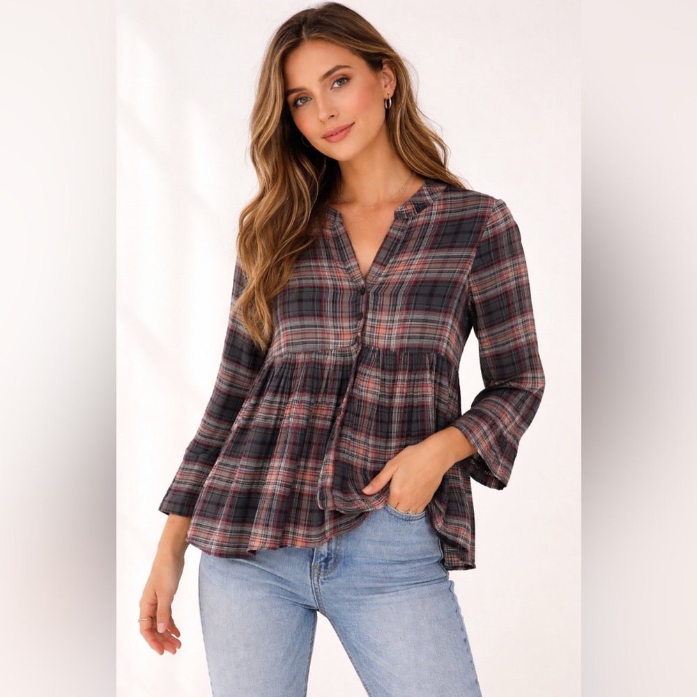Anthropologie 11.1 Tylho Gray Plaid High Li Top